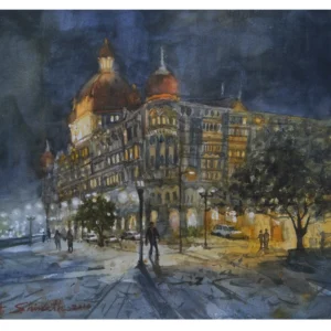 Taj Hotel Mumbai night view watercolor