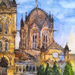 Mumbai cst railway station top view (36X26cm) watercolor