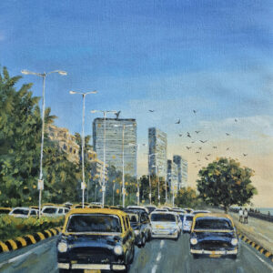 Taxis along Marine Drive, Mumbai, 2 (12X18 inch) Acrylic colour